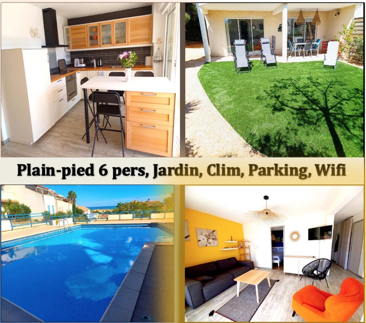 Plain-Pied Jardin 6 Personnes Clim Vue Mer Parking Wifi Terrasse Piscine Dans La Residence Saint-Pierre-la-Mer  Dış mekan fotoğraf